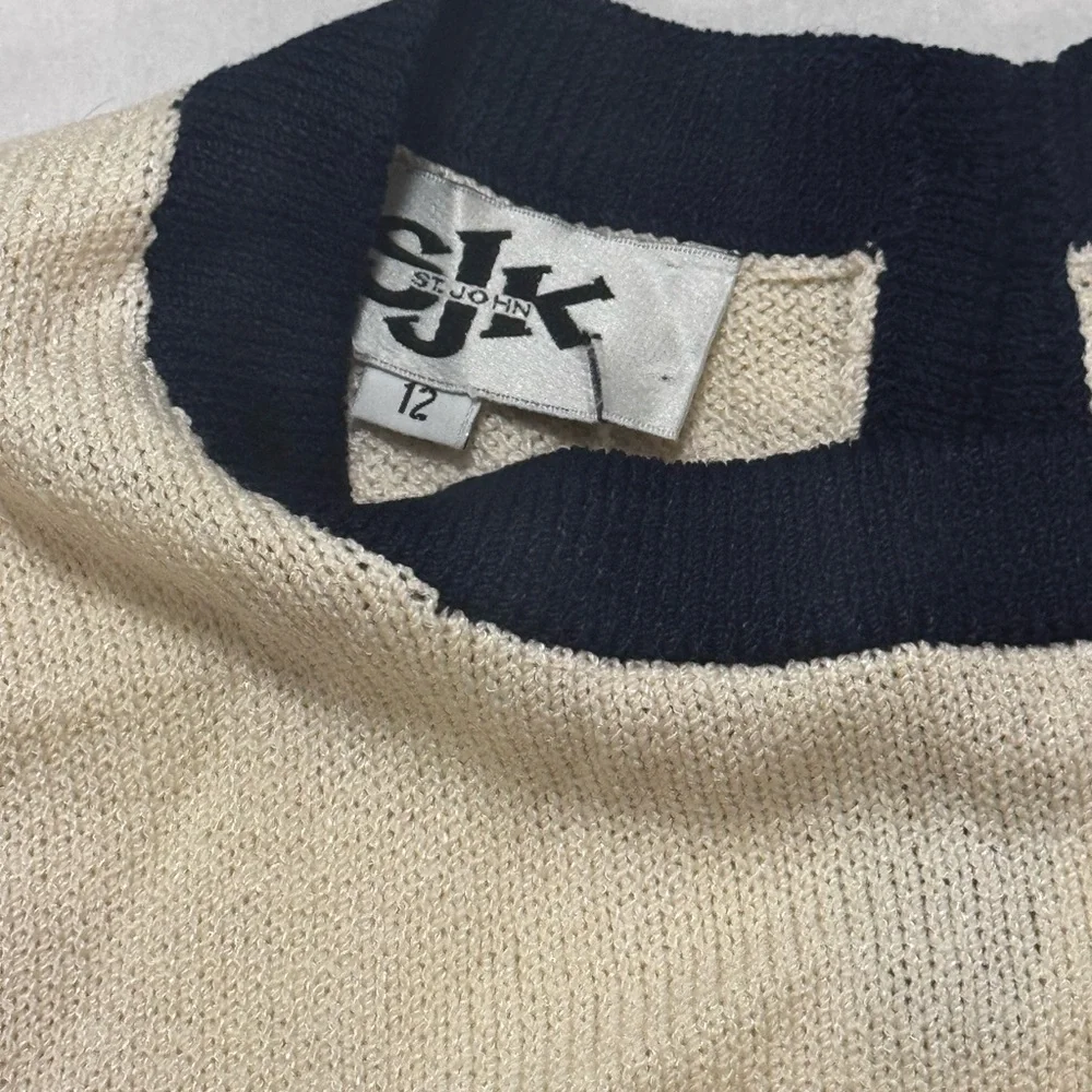 Vintage SJK St. John Womens Knit Pullover Sweater 12 Black Ivory Classic Striped